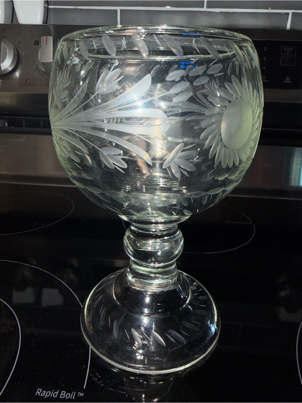 Vintage Etched Glass Rummer. 8in Tall 5in Wide.